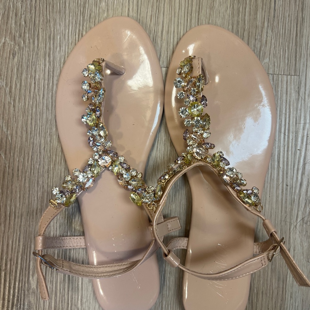 Miss Lola Beige Sandals with Crystal Accents